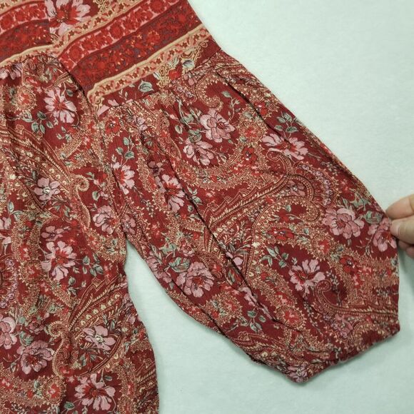 American Eagle Womens Medium Boho Peasant Top Red Paisley Balloon Sleeve Viscose - Picture 3 of 11